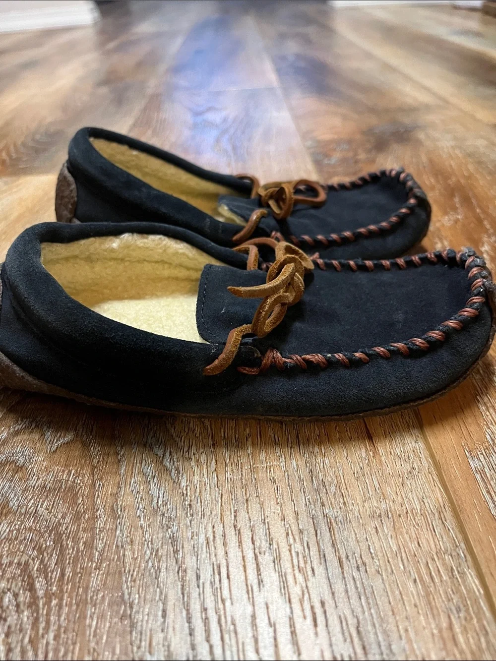 Lands' End Black Suede Moccasin Slippers with Brown Trim